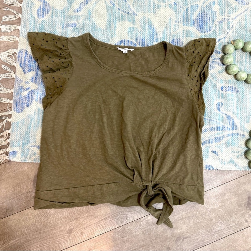 Jane + Delancey Olive Green Tie-Front Flutter Sleeve Cotton Top Women’s Sz XL - Picture 7 of 8